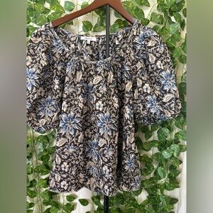 Madewell Black Floral Puff Sleeve Tunic with Blue and Cream Blooms
